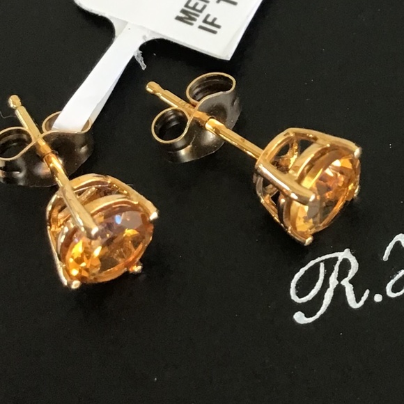 14K Yellow Gold & Genuine Citrine 5mm Stud Earrings November Birthstone NWT - Picture 3 of 11